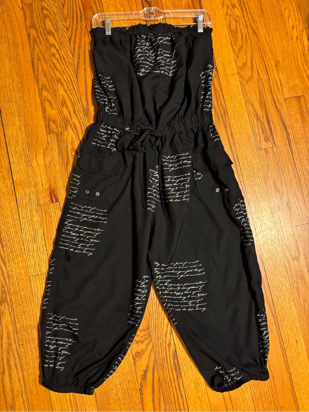 Black Strapless Script-Print Jumpsuit